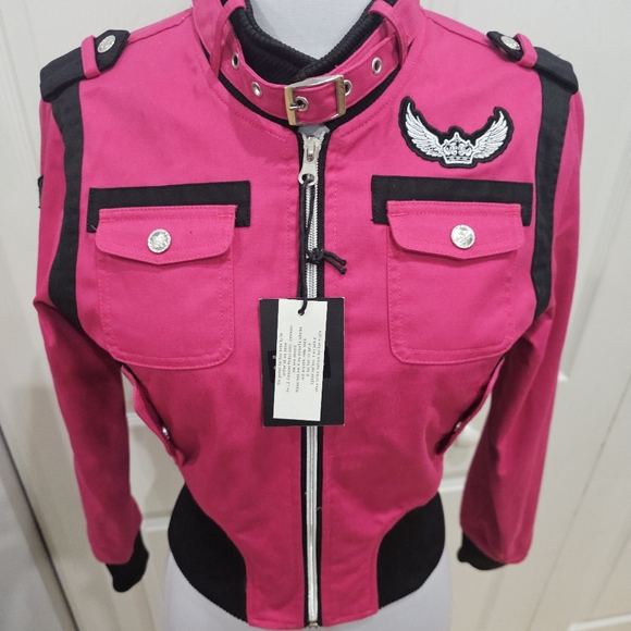 ~SOLD~ 1 RMT Raw Blue Pink Purple Moto Patch Buckle Collar Zip Up Jacket Coat S - Picture 7 of 16